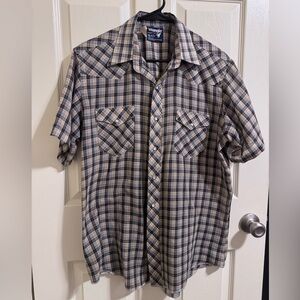 VINTAGE Wrangler Blue and Tan Brown Plaid Snap Button Down Shirt Long Tails